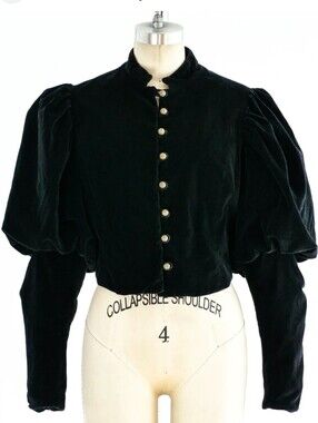 Vintage Black WahMaker Velvet Cropped Jacket with Mutton Puff Sleeves